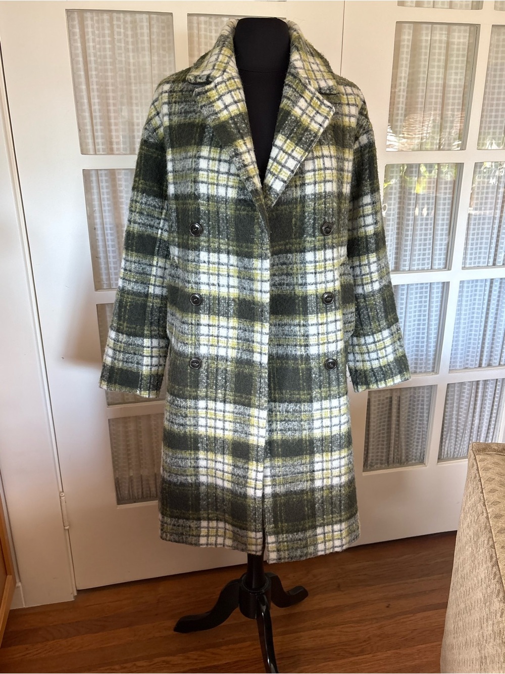NVLT Olive and White Plaid Double-Breasted Pea Coat